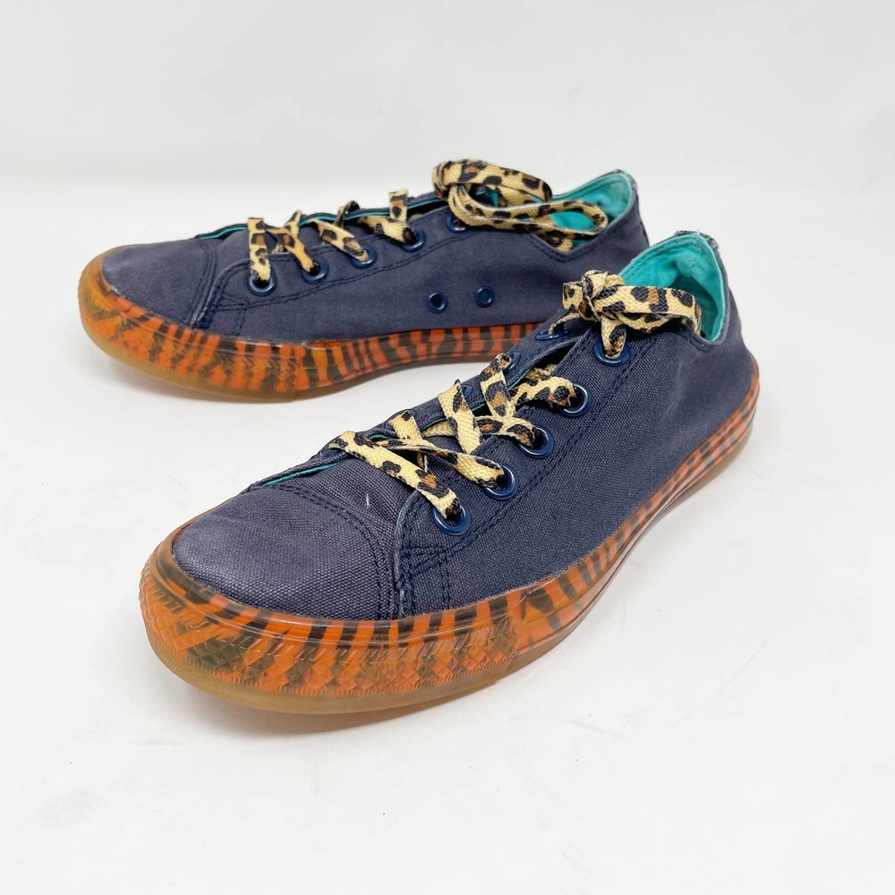 Converse Navy Canvas Sneakers with Orange Tiger-Print Sole and Leopard Laces